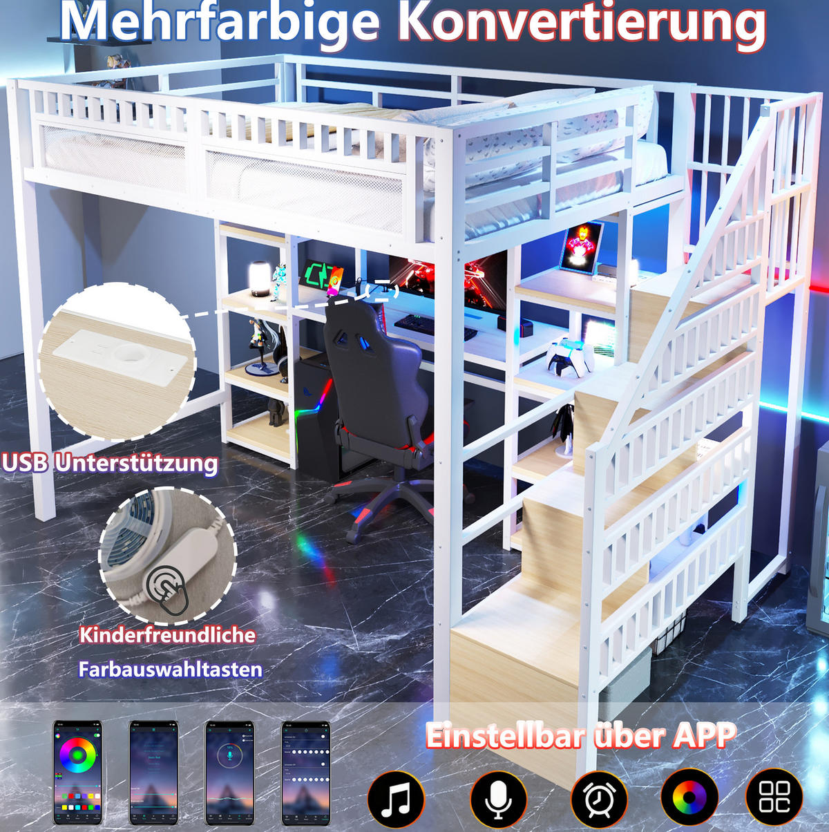 HOCHBETT 140/200 cm mit Schreibtisch, LED-Lichtleiste, USB-Anschluss, Stauraumleiter und Ablagen, Metall/MDF, Weiß - Weiß, Metall (140/200cm) - Redom