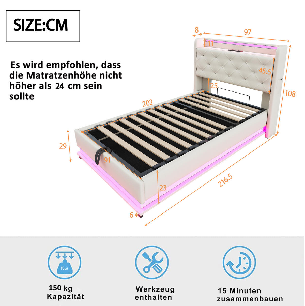 KINDERBETT 90/200 cm aus Leinenstoff mit LED-Beleuchtung und USB-Anschluss Beige - Beige, Textil (90/200cm) - Modenvie