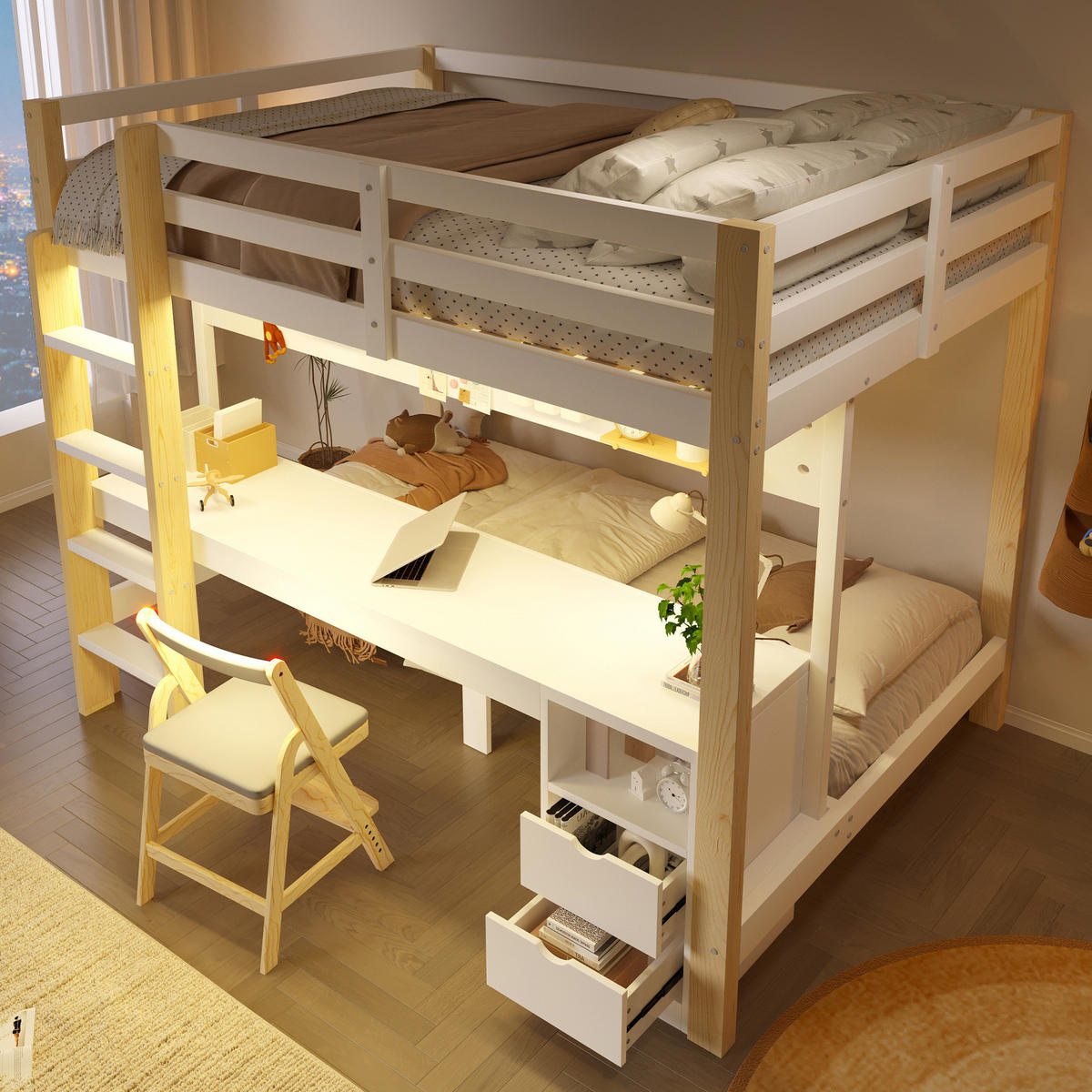ETAGENBETT 140x200 und 90x200 cm in Weiß/Natur mit Schreibtisch, Schubladen und LED - Weiß, Holz (140/200cm) - IVMEU