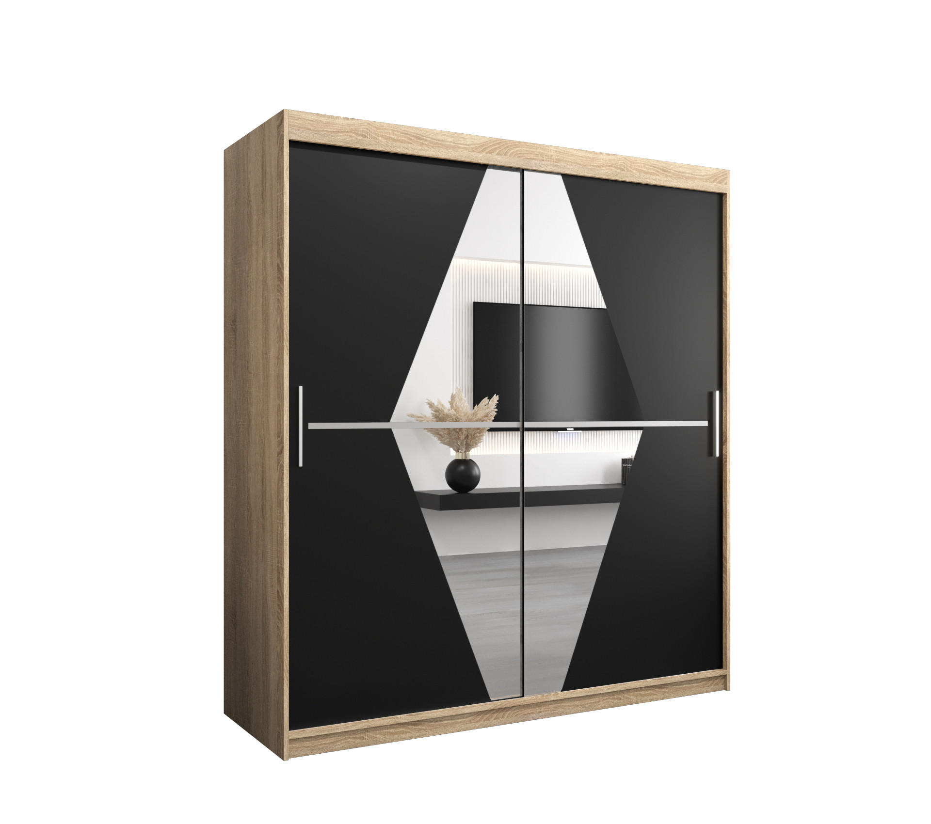 Abiks Möbel Schwebetürenschrank Sonoma Eiche, Schwarz 180x200x62 cm