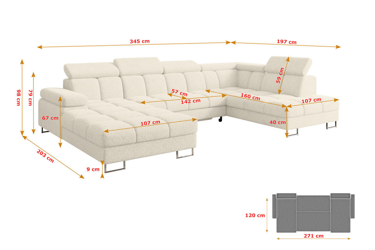 WOHNLANDSCHAFT mit Schlaffunktion und Bettkasten Ottomane RECHTS COMA U 345x203x79 Creme Velours - Creme, Holzwerkstoff/Textil (203/79/345cm) - ALTDECOR