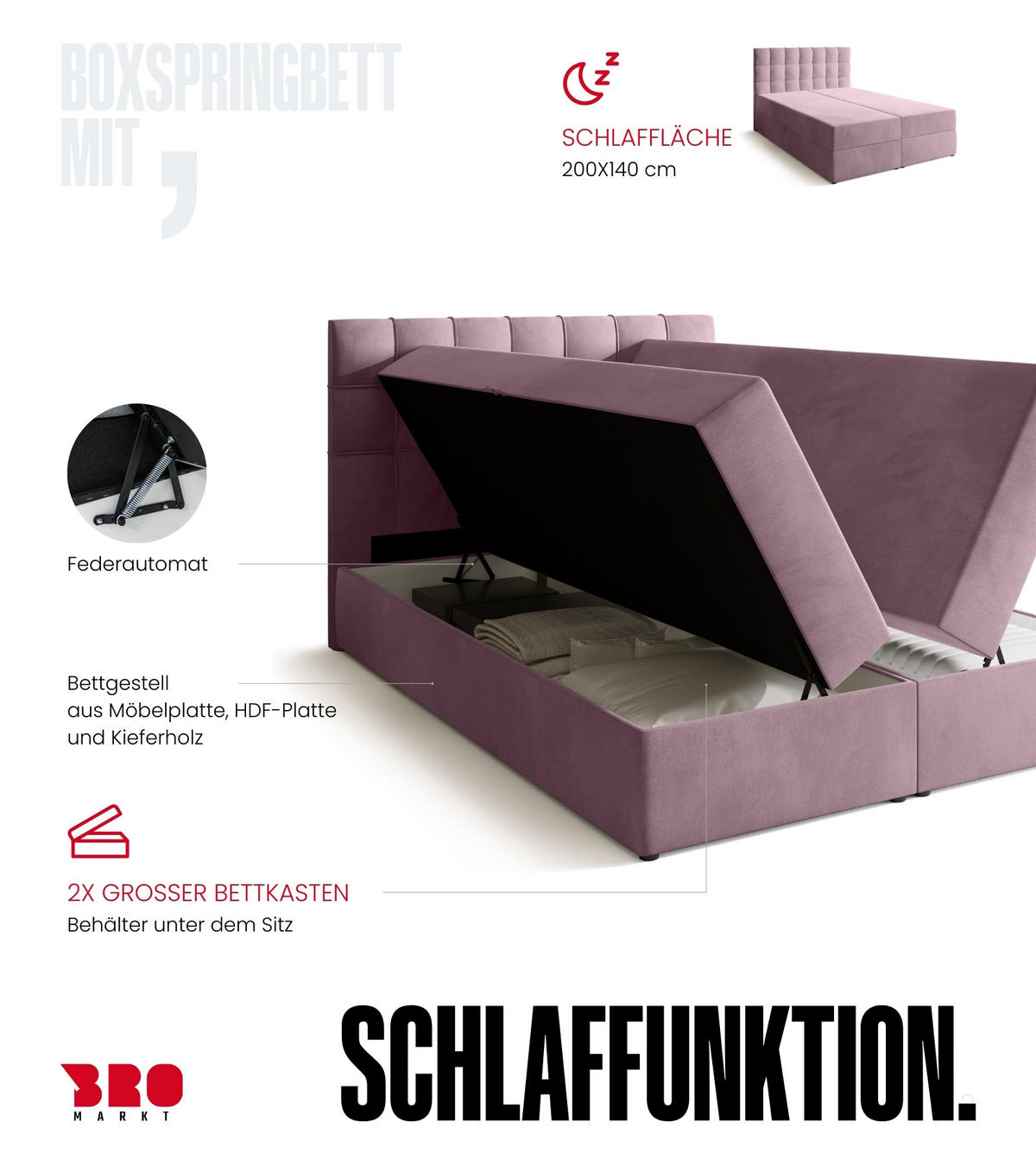 BOXBETT Detroit mit Topper 140/200 Rosa - Rosa, Holzwerkstoff/Textil (140/200cm) - Bromarkt