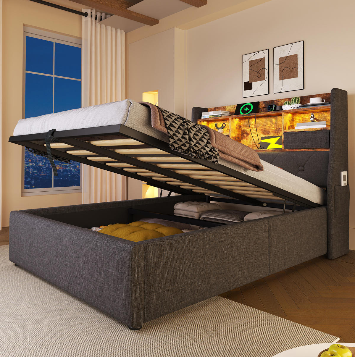 POLSTERBETT 90/200 cm Grau aus Leinen mit LED-Kopfteil - Grau, Textil (90/200cm) - OKMYHOME