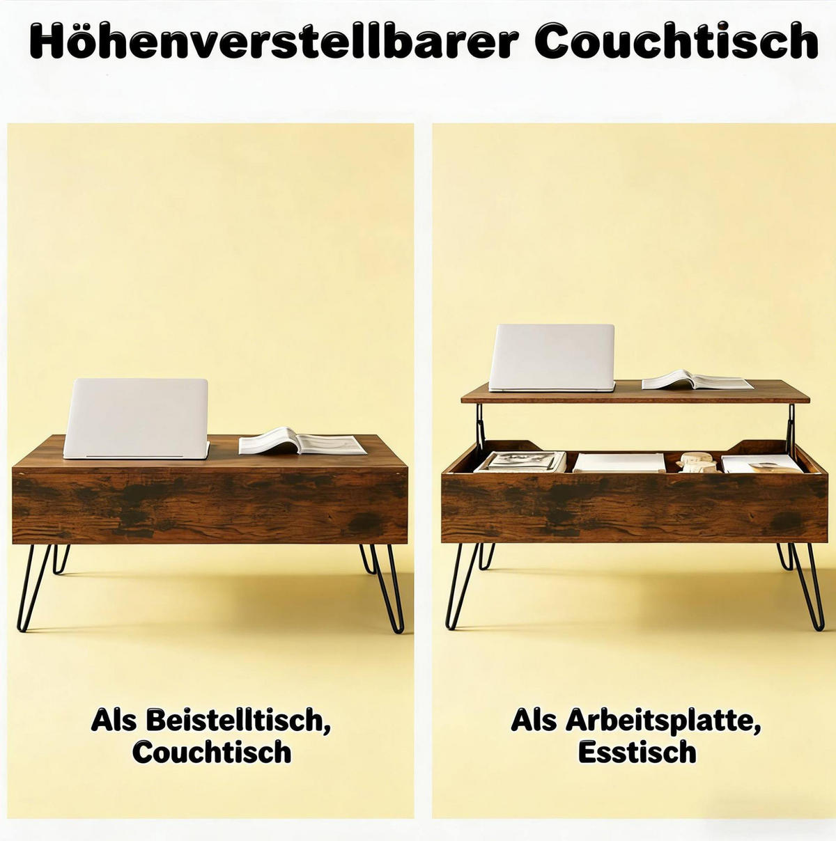 COUCHTISCH aus Holz und Metall 95x50x55,5 cm in Rustikalbraun mit Hubplatte - Braun, Holzwerkstoff (95/50/55.5cm) - Modfu