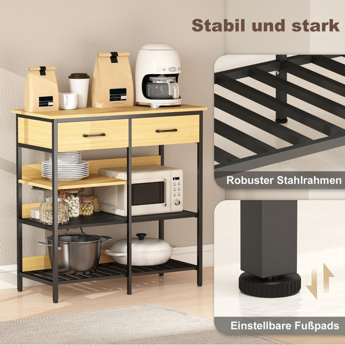 SIDEBOARD aus Holzwerkstoff 90x40x91 cm Naturfarben mit 2 Schubladen und 3 offenen Fächern im Industrial-Stil - Naturfarben, Holzwerkstoff (90/91/40cm) - Modfu