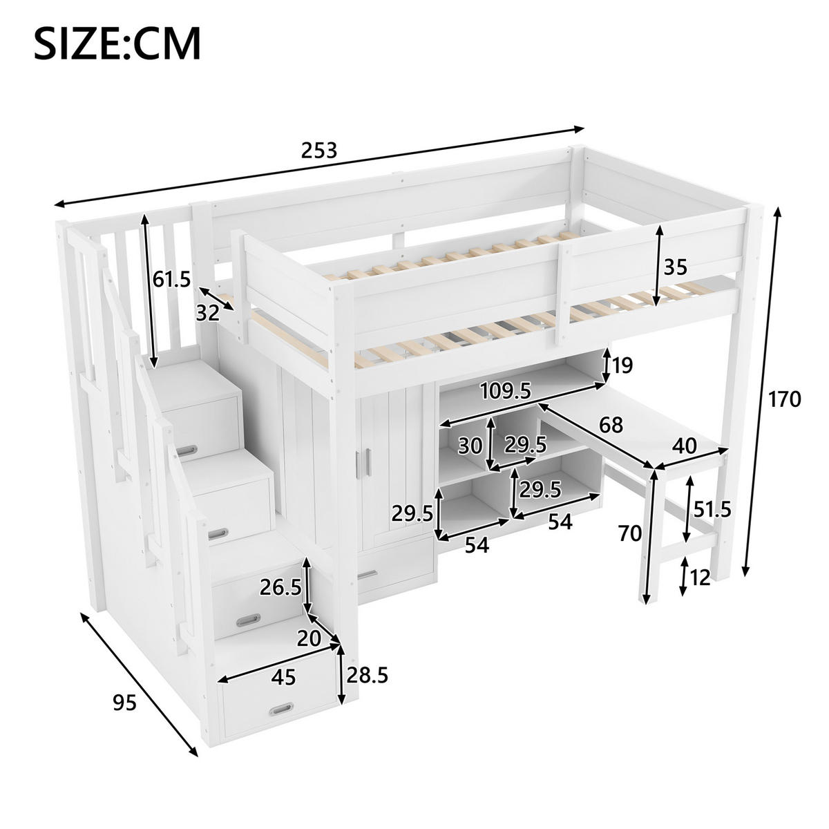 HOCHBETT 90/200 cm, weiß mit Schreibtisch, Regal, Kleiderschrank und LED - Weiß, Holz (90/200cm) - MIVRAY