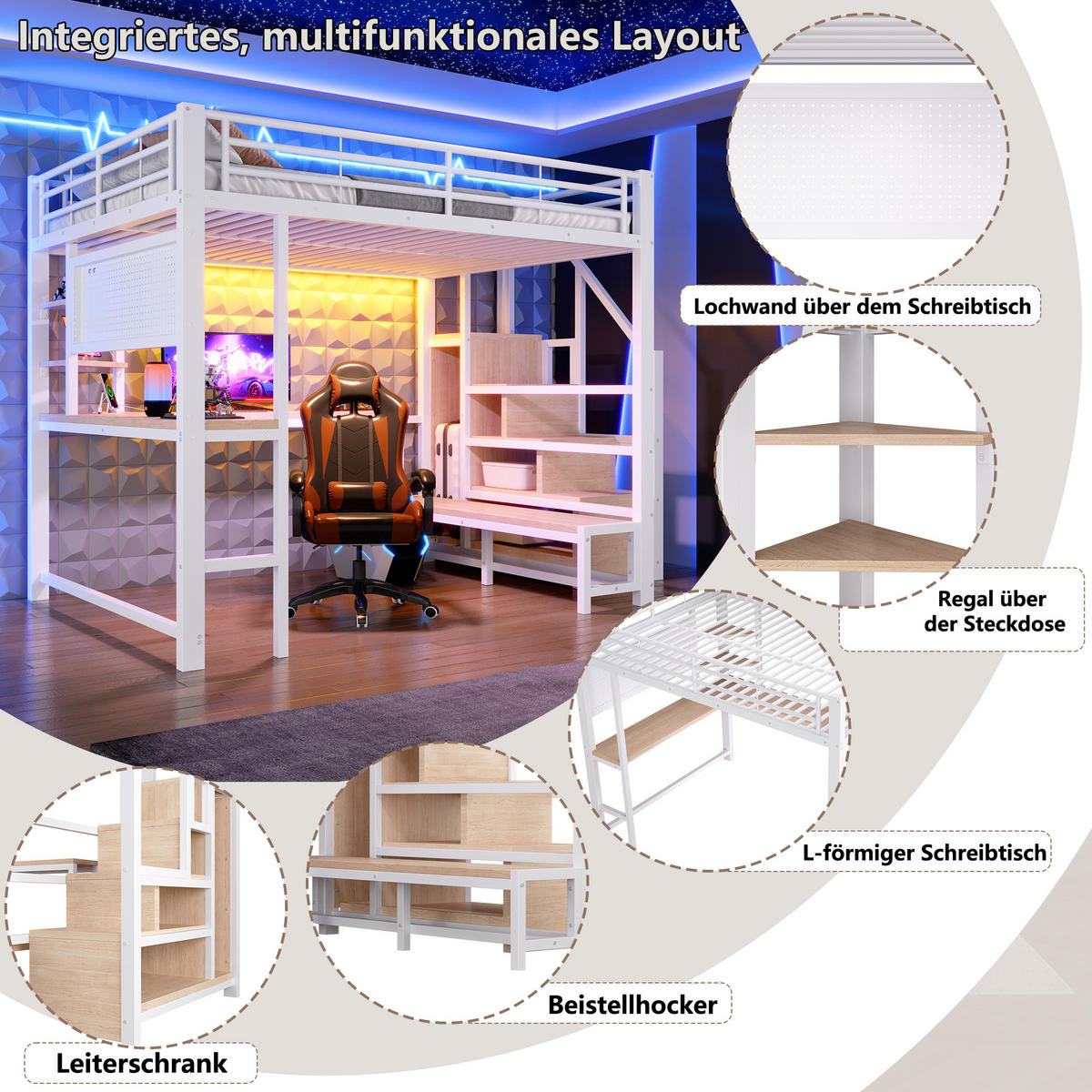 HOCHBETT 140/200 cm Weiß mit Schreibtisch, trapezförmiger Schrank und LED-Beleuchtung - Weiß, Metall (140/200cm) - Oxeza