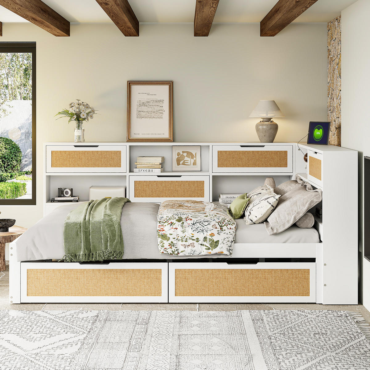 MULTIFUNKTIONSBETT 140/200 cm weiß aus MDF mit Stauraum und USB-Anschlüssen - Weiß, Holzwerkstoff (140/200cm) - OKWISH