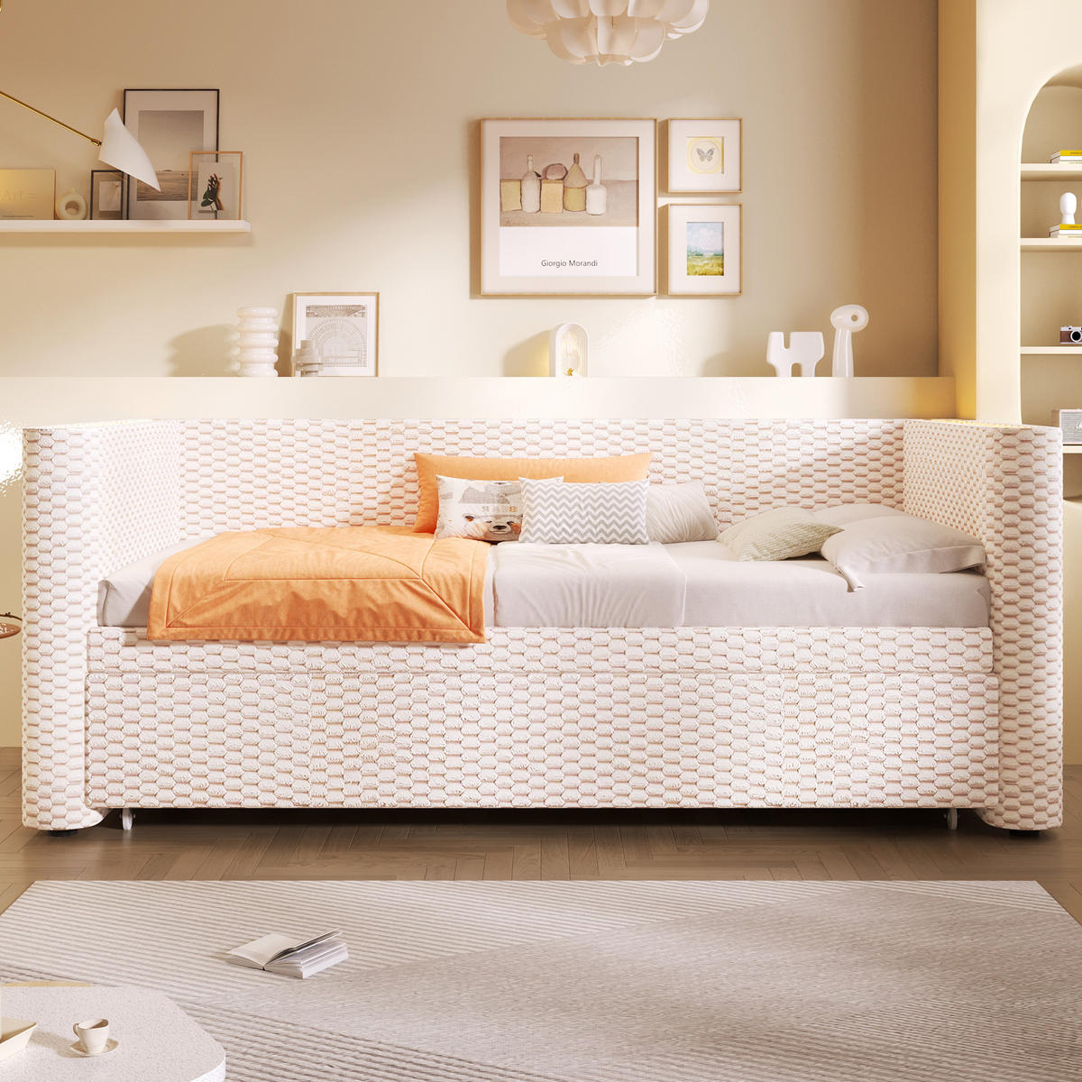 AUSZIEHBETT 90/200 cm Beige mit LED-Beleuchtung aus Samt klappbar zum Doppelbett 180/200 cm - Beige, Textil (90/200cm) - OKWISH