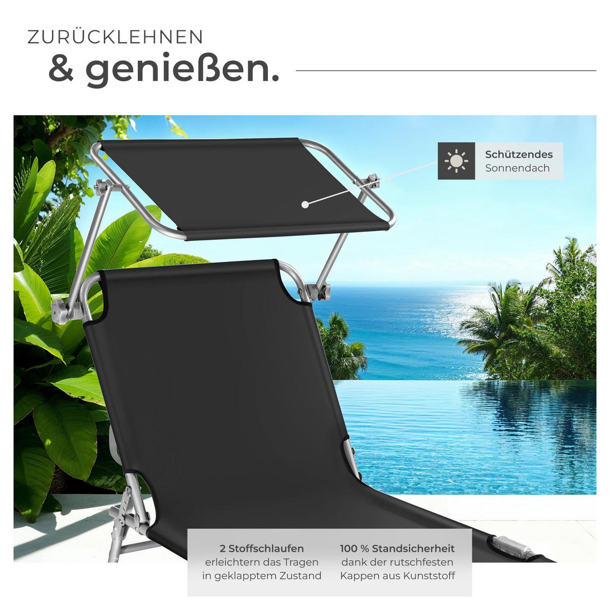 GARTENLIEGE 2er Set, 190 x 68 x 28 cm,schwarz - Schwarz, Kunststoff (68/28/190cm) - tectake