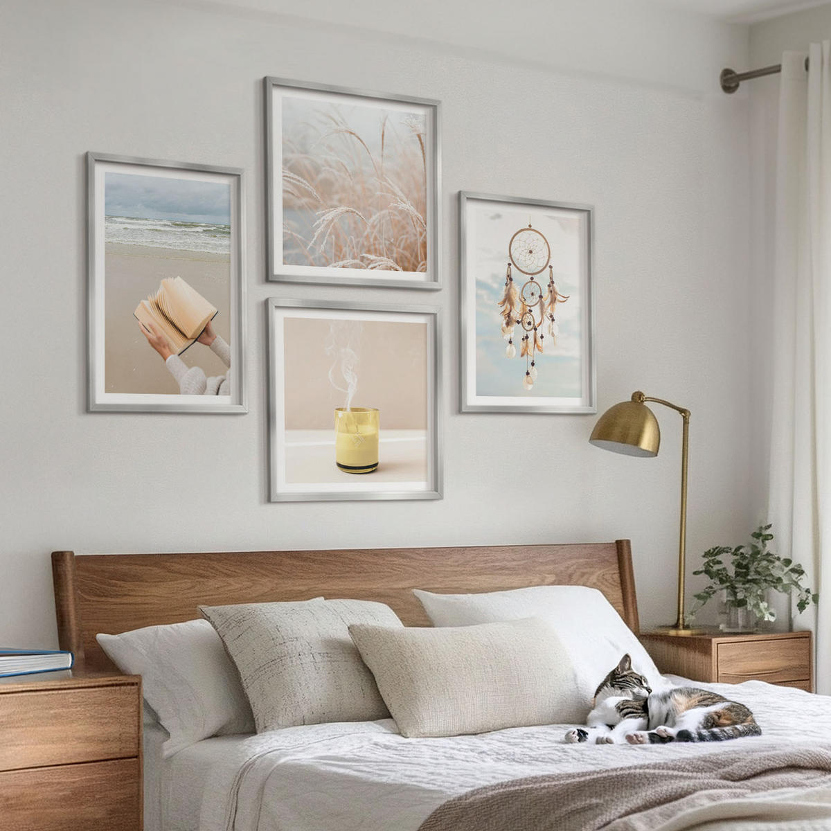 WANDBILDER 4er Set - 50x50 cm & 40x60 cm Silberner Rahmen - Sommerlandschaften im Boho-Stil - Silberfarben, Kunststoff (50/50cm) - ArtPrintCave