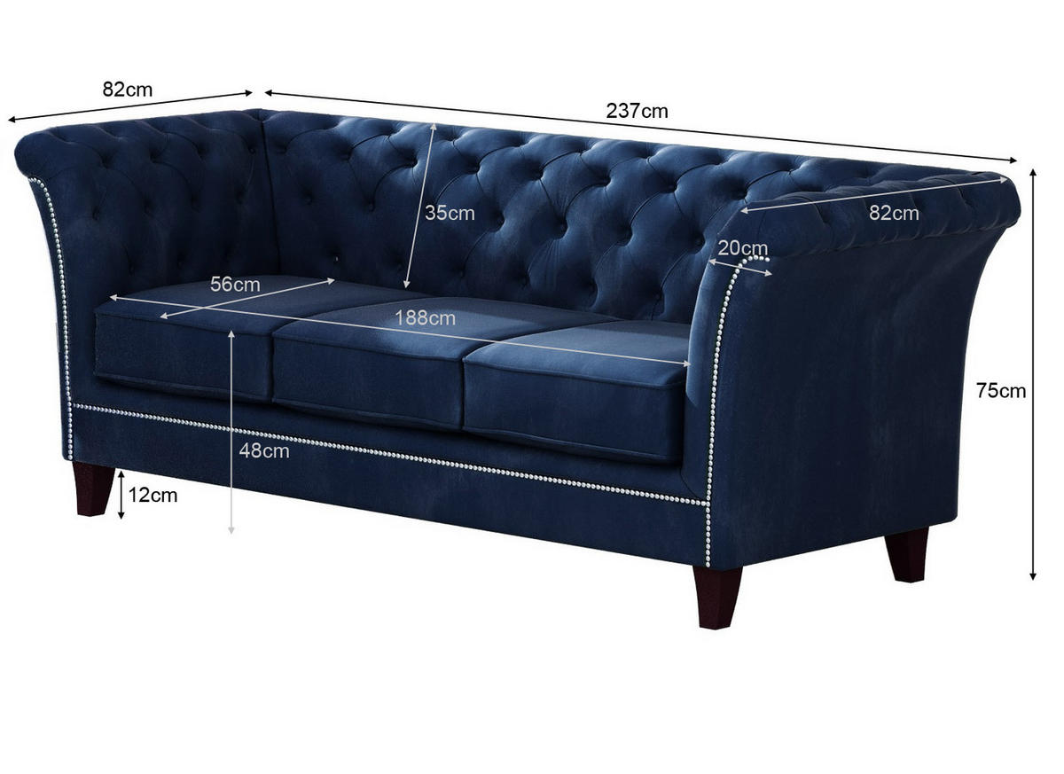 CHESTERFIELD-SOFA 3-Sitzer Fusion Blau Samt - Blau/Braun, Holz/Textil (237/75/82cm) - S-Style Möbel