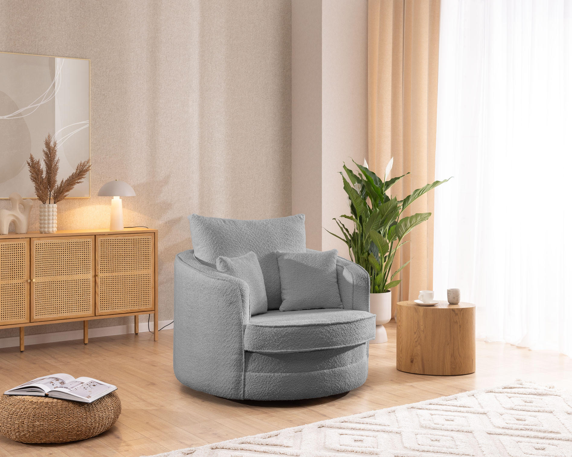 Thumbnail - S-Style Möbel Drehsessel, Grau, Textil, Echtholz,Buche, Birke, 1-Sitzer, Füllung: Polyetherschaumkern,Silikon,Polyethers...