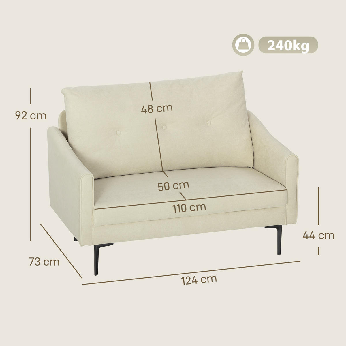 SOFA 2-Sitzer 124 cm Kleine Couch mit Armlehne, Samtoptik, Cremeweiß - Creme, Textil (73/92/124cm) - HOMCOM