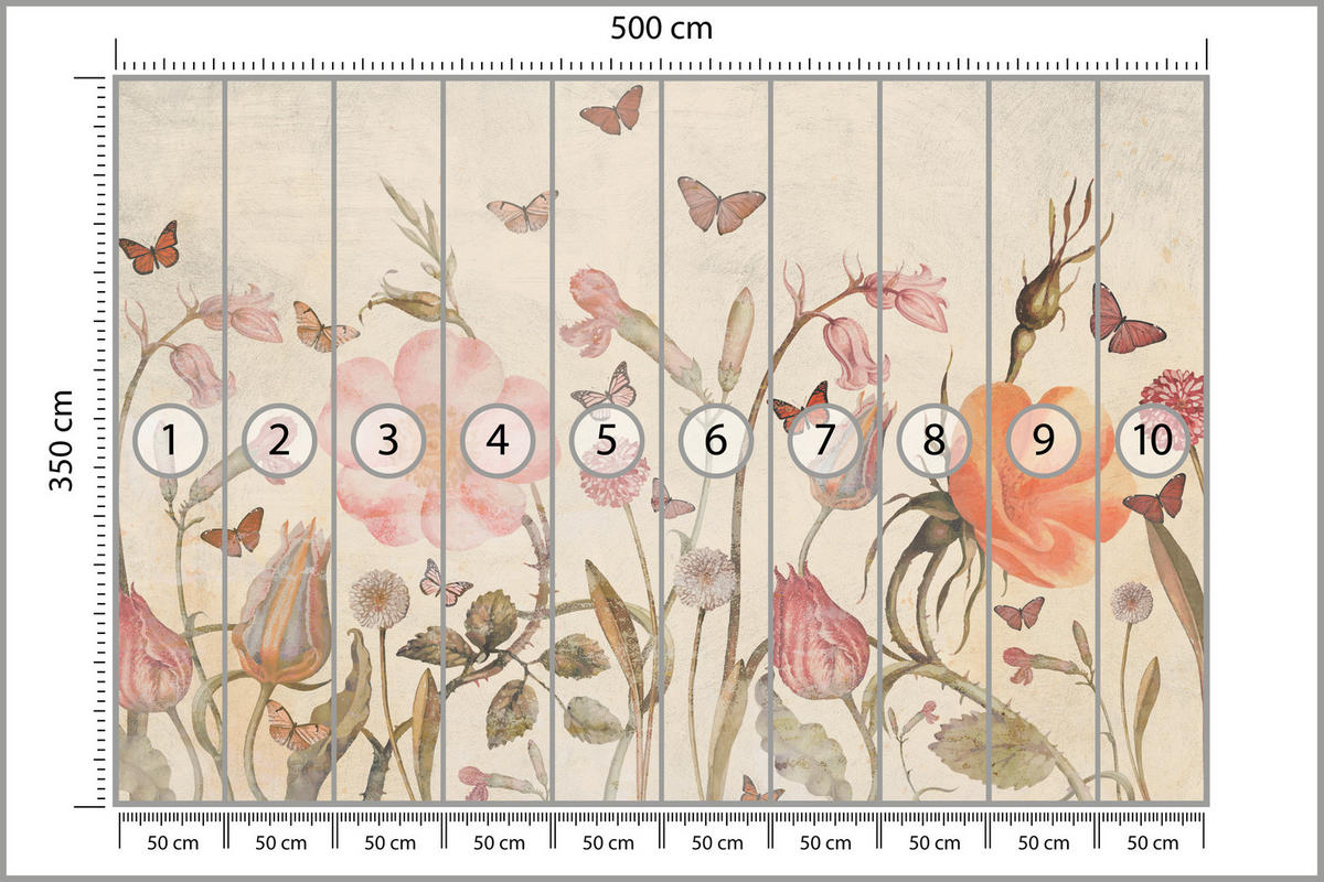 FOTOTAPETE für Kinderzimmer Wiesenblumen Aquarell Schmetterlinge Boho 500x350 - Beige/Rot, Papier (500/350cm) - Muralo