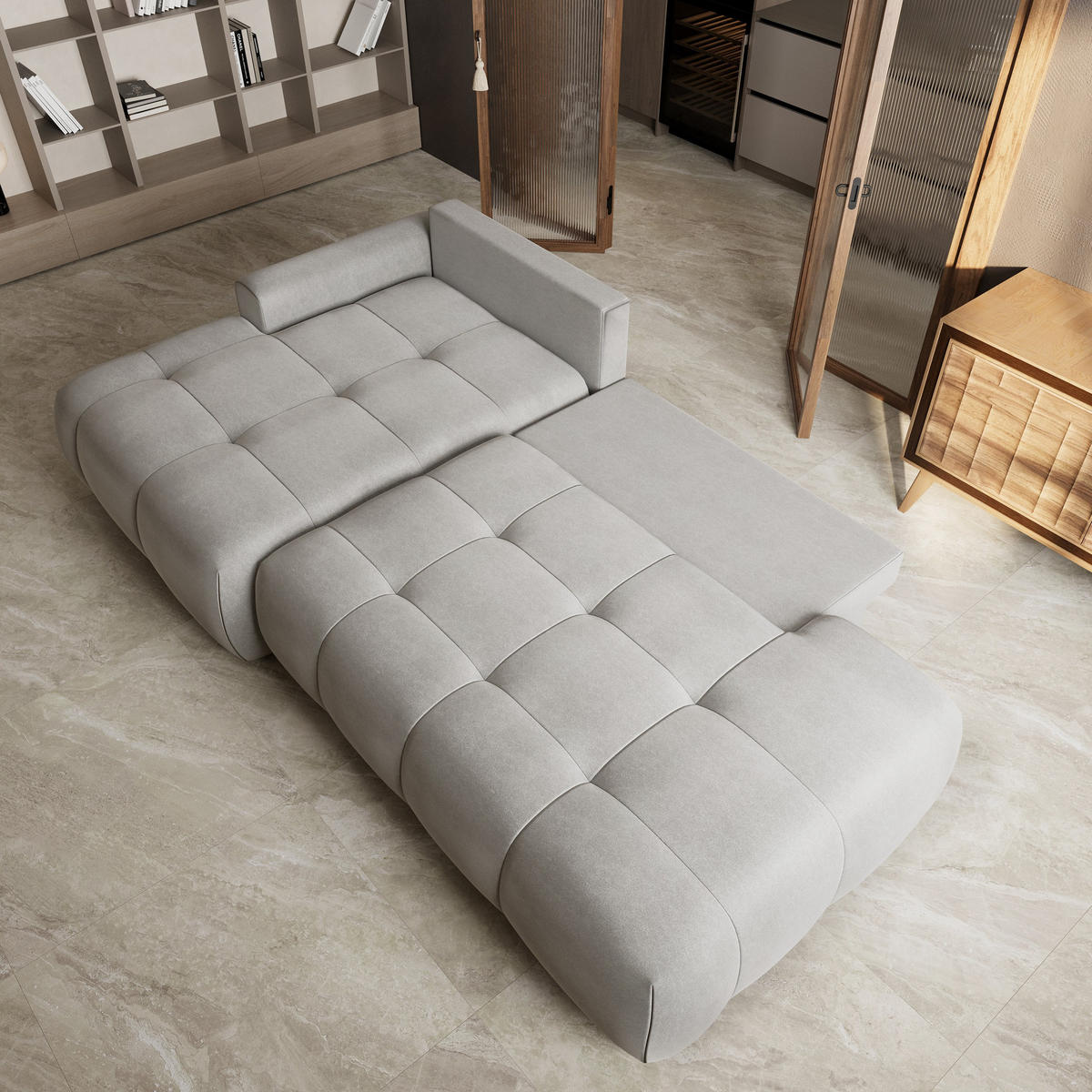 ECKSOFA FLUMA CL L-S Hellgrau Samtstoff mit Schlaffunktion - Hellgrau, Holzwerkstoff/Textil (279/158cm) - MASSENO