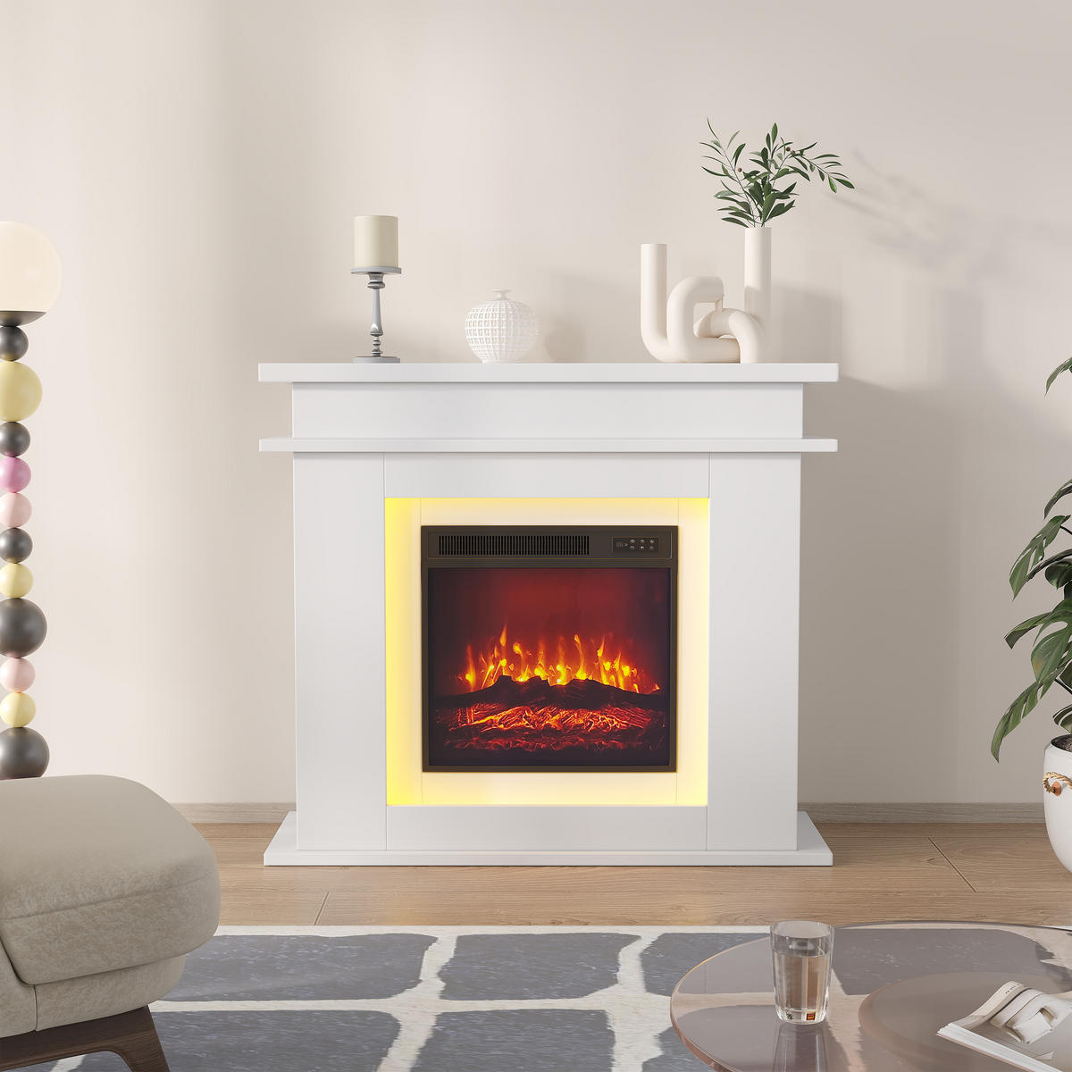 ELEKTROKAMIN freistehend 3D Flamme LED Dekokamin weiß - Weiß, Holz (34.5/88.8/101cm) - LEBENLANG