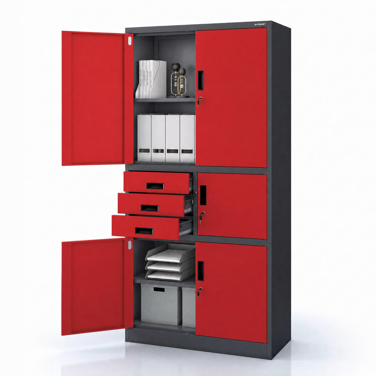 AKTENSCHRANK FILIP II 185x90x40 cm - Anthrazit/Rot, Metall (90/185/40cm) - Jan Nowak