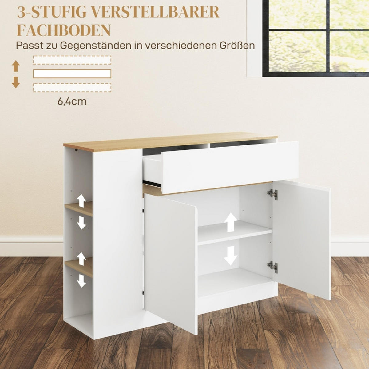 SIDEBOARD 105/30/81,5 cm in Weiß mit 2 Türen, Schublade und offenen Fächern - Weiß, Holz (105/81.5/30cm) - BEAOK