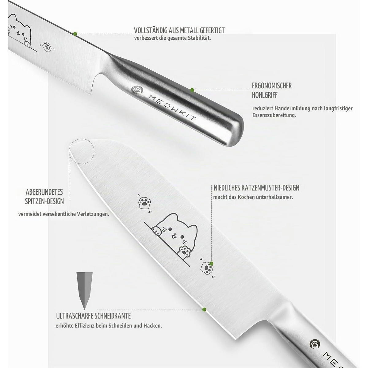 KÜCHENMESSER-SET 2-teilig mit Santoku und Gemüsemesser, Katzenmotiv, Edelstahl - Silberfarben, Metall (34cm)