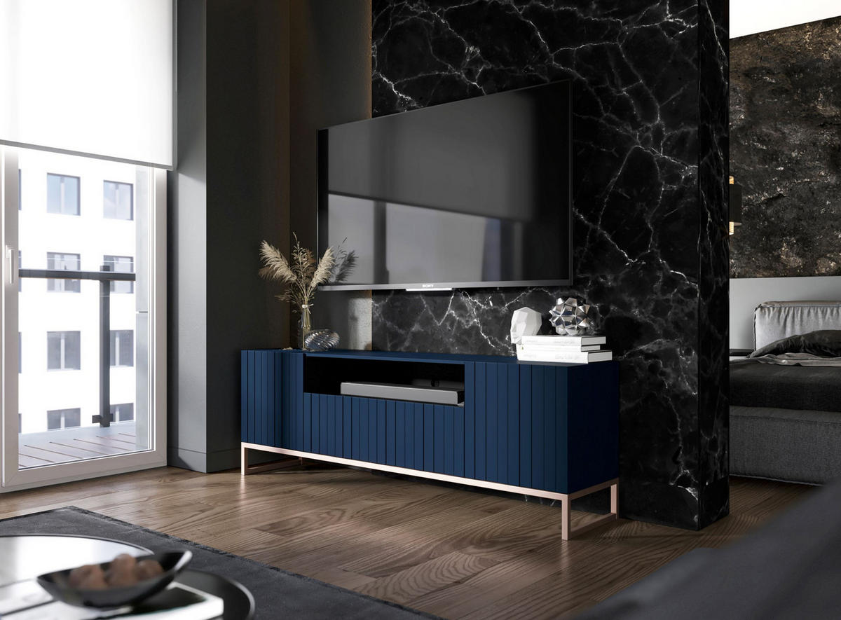 TV-SCHRANK Elpis2 Marineblau Matt mit Metallrahmen 150 cm - Blau/Kupferfarben, Holzwerkstoff/Metall (150/51.5/36.5cm) - Meble Lindner