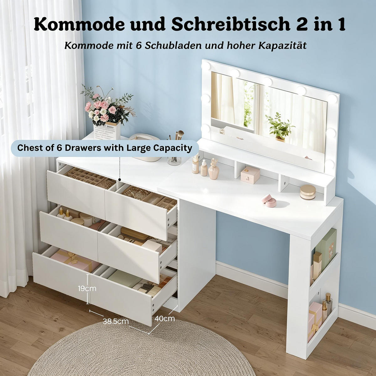 SCHMINKTISCH mit verstellbarem LED-Spiegel und 6 großen Schubladen - Weiß, Glas (40/134.5/160cm) - Vallsero