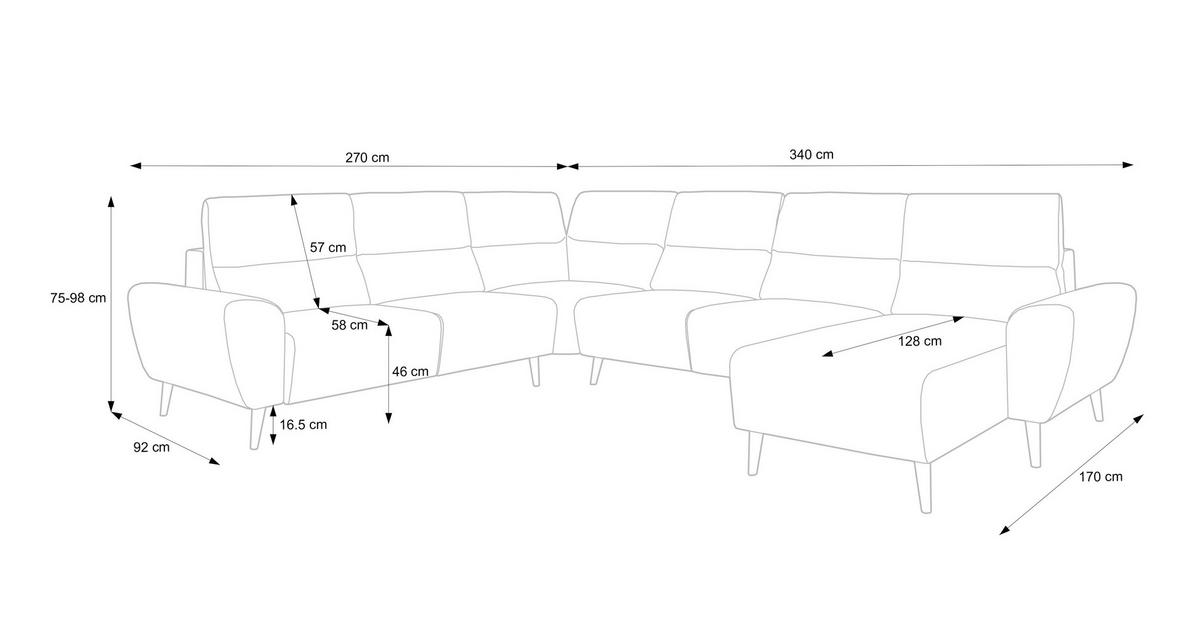 ECKSOFA BOSCO U-Form, Monolith-Stoff, Freistehend, mit verstellbaren Kopfstützen, Sofa für Familien, Größe: 340x270x98cm, Farbe: Esche - Silberfarben, Holz/Textil (270/340cm) - DomoHome