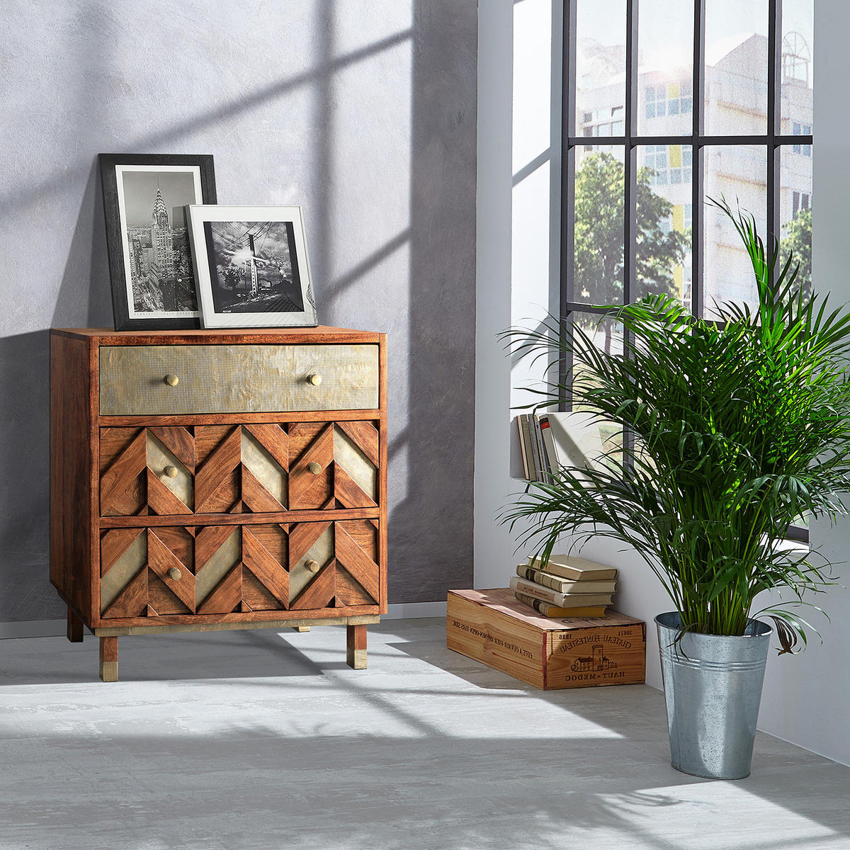 KOMMODE - Akazie massiv / Metall - Akaziefarben, Holz (90/90/40cm) - home24