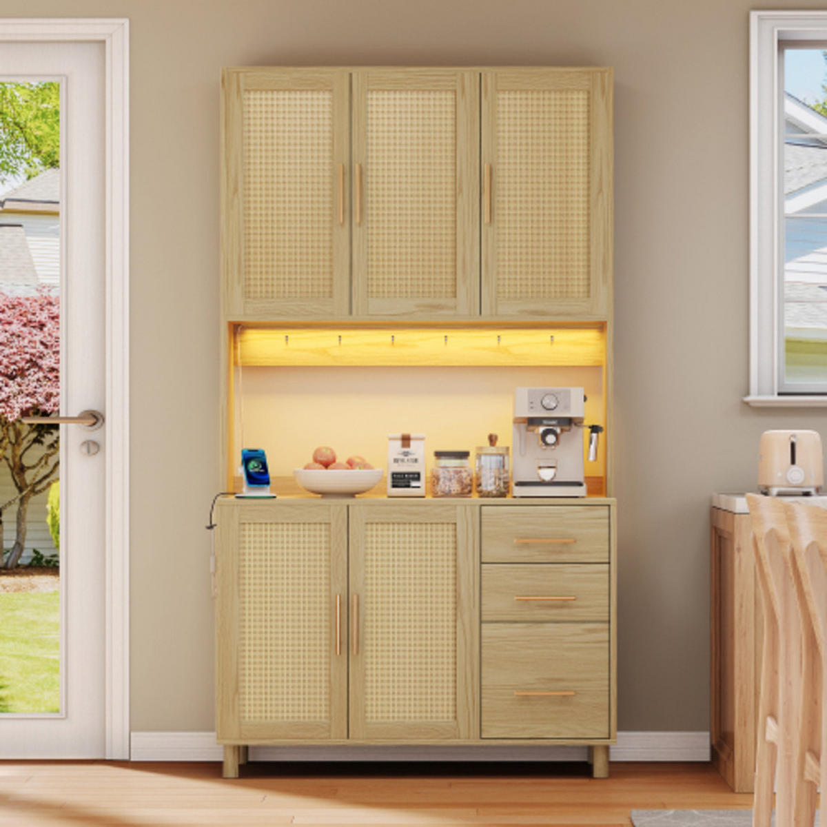 KÜCHENSCHRANK Naturoptik aus MDF mit Rattanfront, LED-Beleuchtung und integrierten Steckdosen 100×40×183 cm - Naturfarben, Holzwerkstoff (100/183/40cm) - Luhomfu