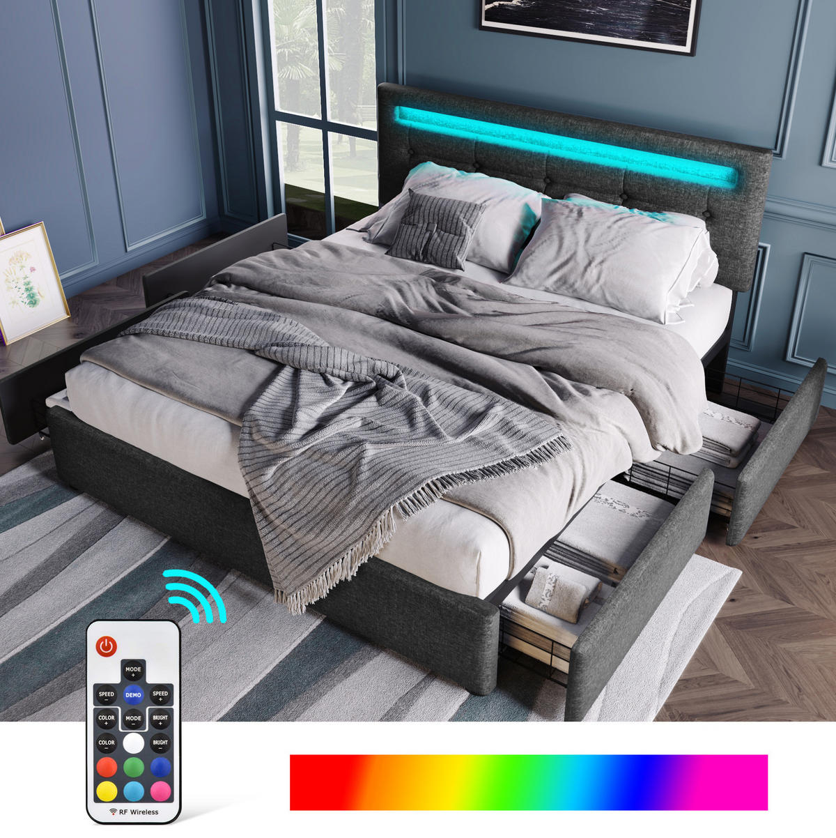 BETT mit LED und 4 Schubladen 140x200 cm Leinen Grau - Grau, Metall (140/200cm) - Meubliv