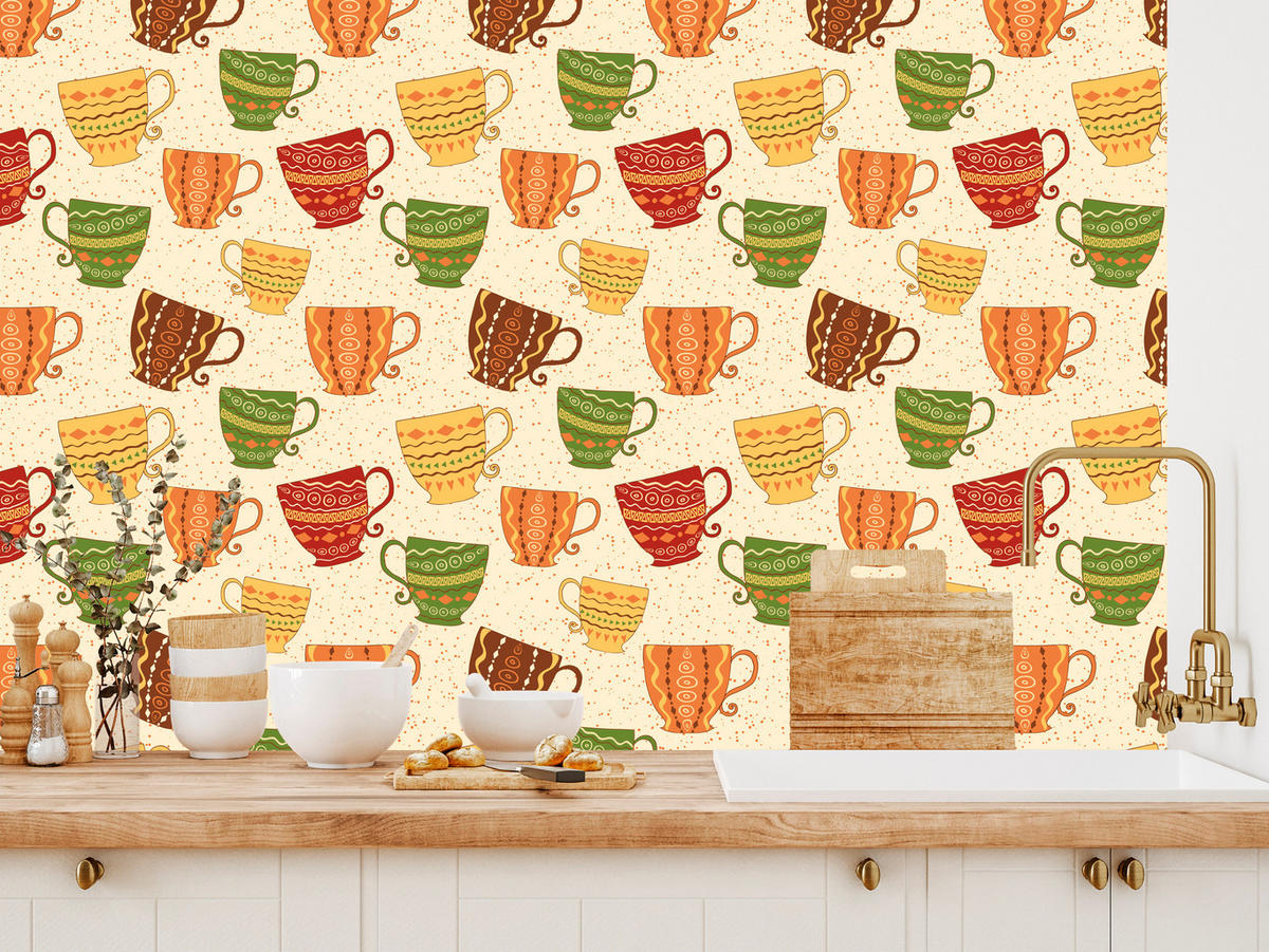 VLIESTAPETE Tassen und Punkte im Vintage-Stil – Bunt, Beige – 50x1000 cm - Beige/Multicolor, Papier (50/1000cm) - Muralo