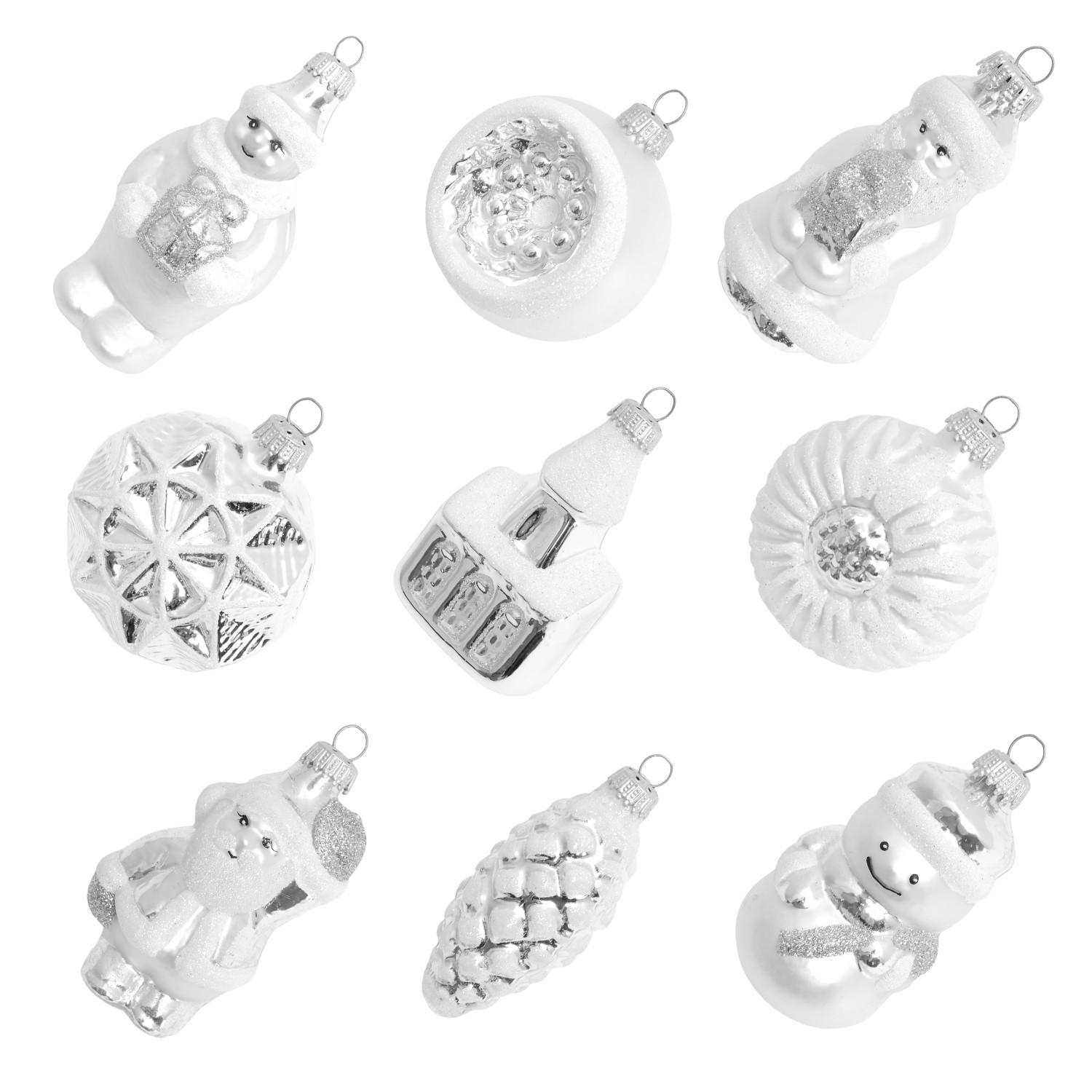 CHRISTBAUMSCHMUCK Formen- und Figuren-Sortiment Silberfarbig 9cm (Glas / 9 Stk.) - Silberfarben, Glas (6/9/5cm) - Krebs Glas Lauscha