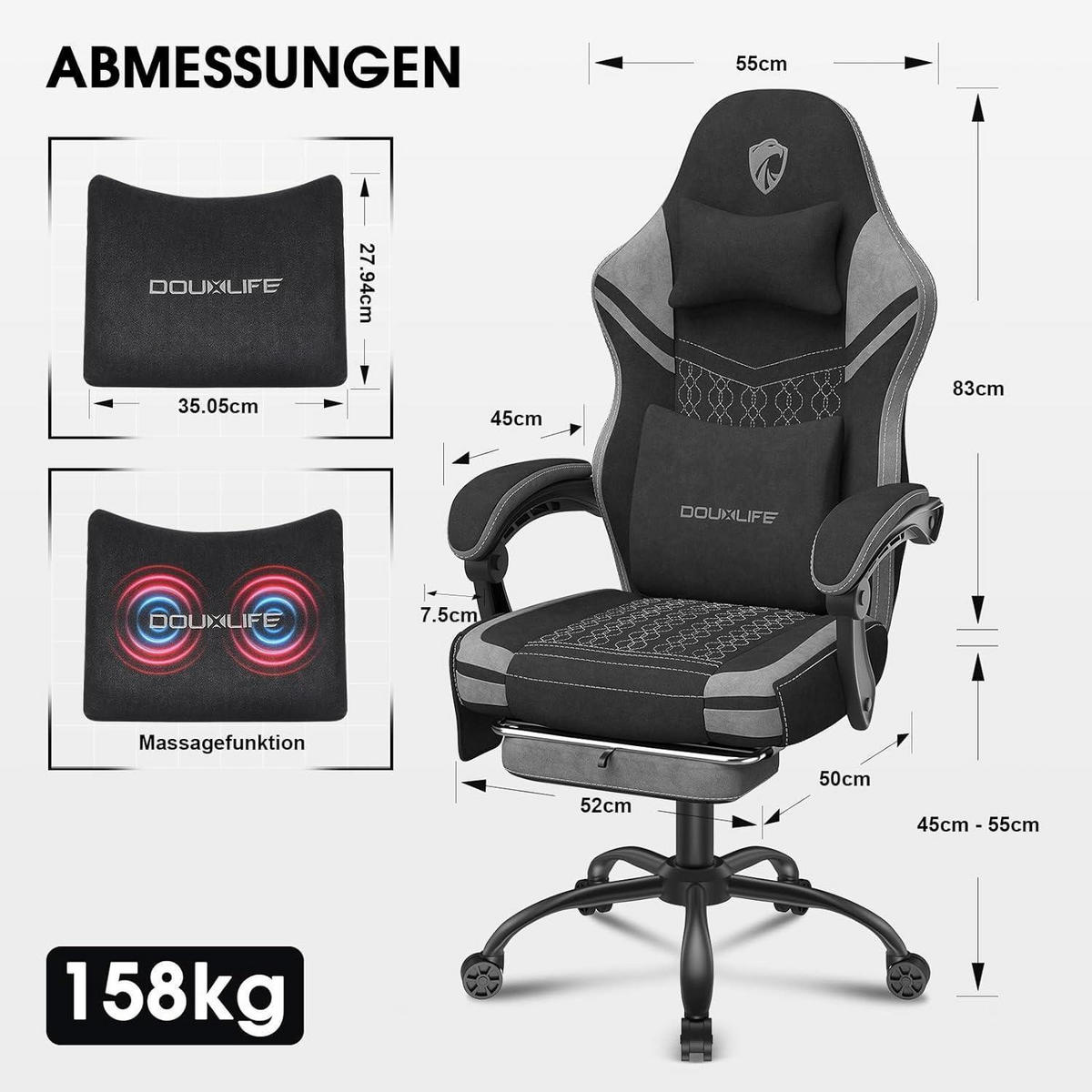 GAMING Stuhl Stoff mit Massagefunktion und Fußstütze Grau - Grau, Textil (81.5/28.5/56cm)