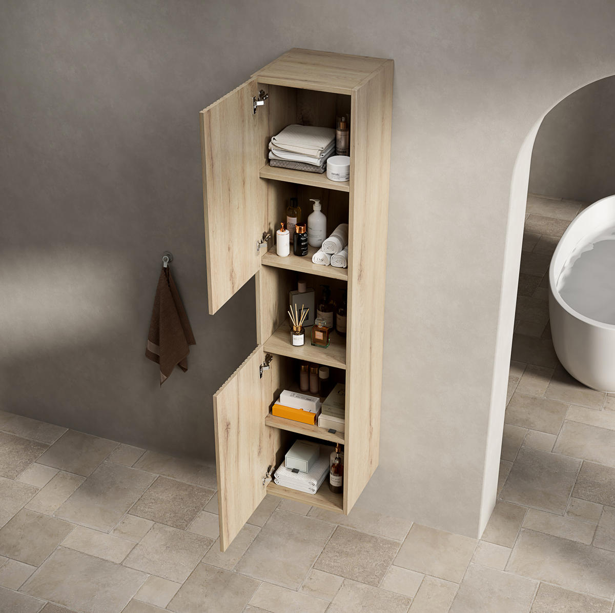 BADEZIMMERSCHRANK mit offenem Stauraum Weiß Eiche Holzwerkstoff - Weiß, Holzwerkstoff (35/35/160cm) - Beauniv