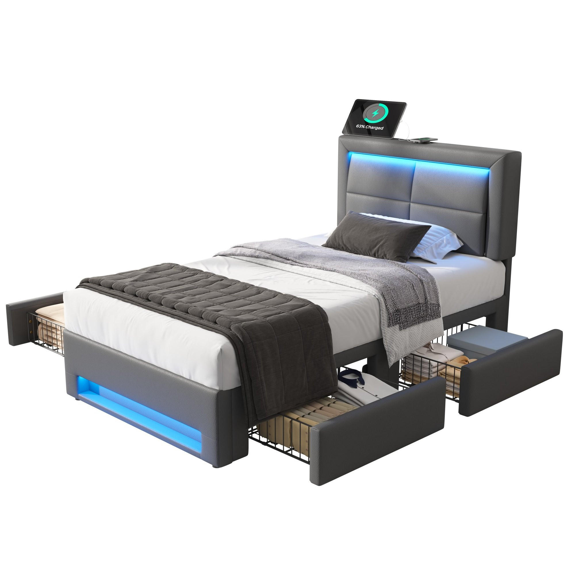 POLSTERBETT mit LED-Beleuchtung 90/190 cm mit 4 Schubladen & USB-Ladefunktion - Grau, Kunststoff (90/200cm) - BEAOK