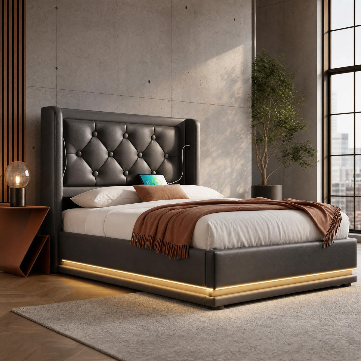 POLSTERBETT 90/200 mit Bettkasten, 3-seitiger LED-Beleuchtung und USB Type-C in Schwarz - Schwarz, Holzwerkstoff/Textil (90/200cm) - EVRYAE