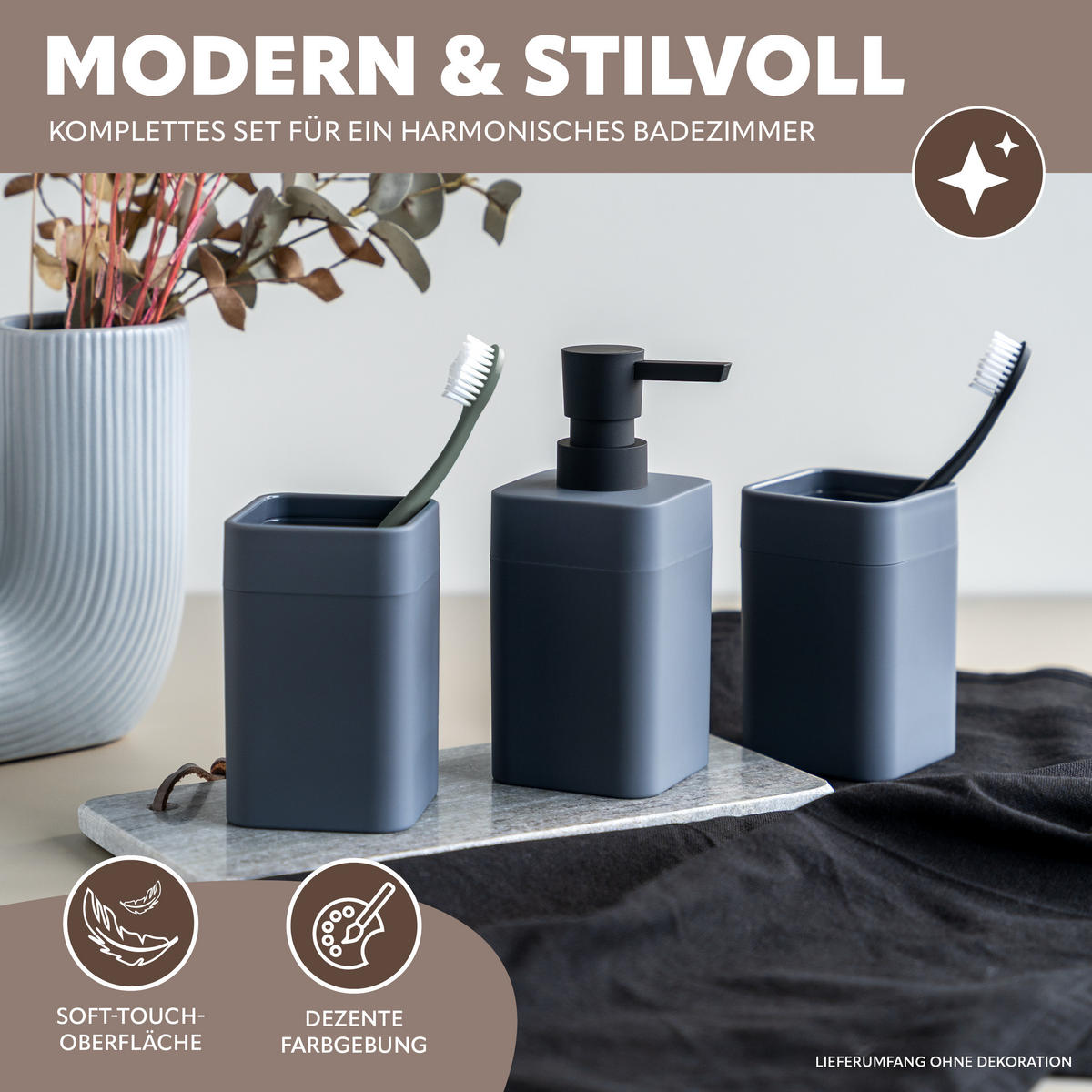 BADEZIMMER-SET SAVONA, Soft-Touch, grau, eckig - Grau, Kunststoff (7/16/9cm) - bremermann