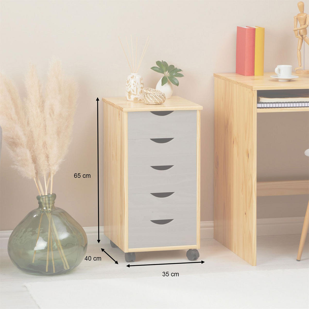 ROLLCONTAINER LAGOS natur/grau - Naturfarben/Grau, Holz (35/65/40cm) - IDIMEX