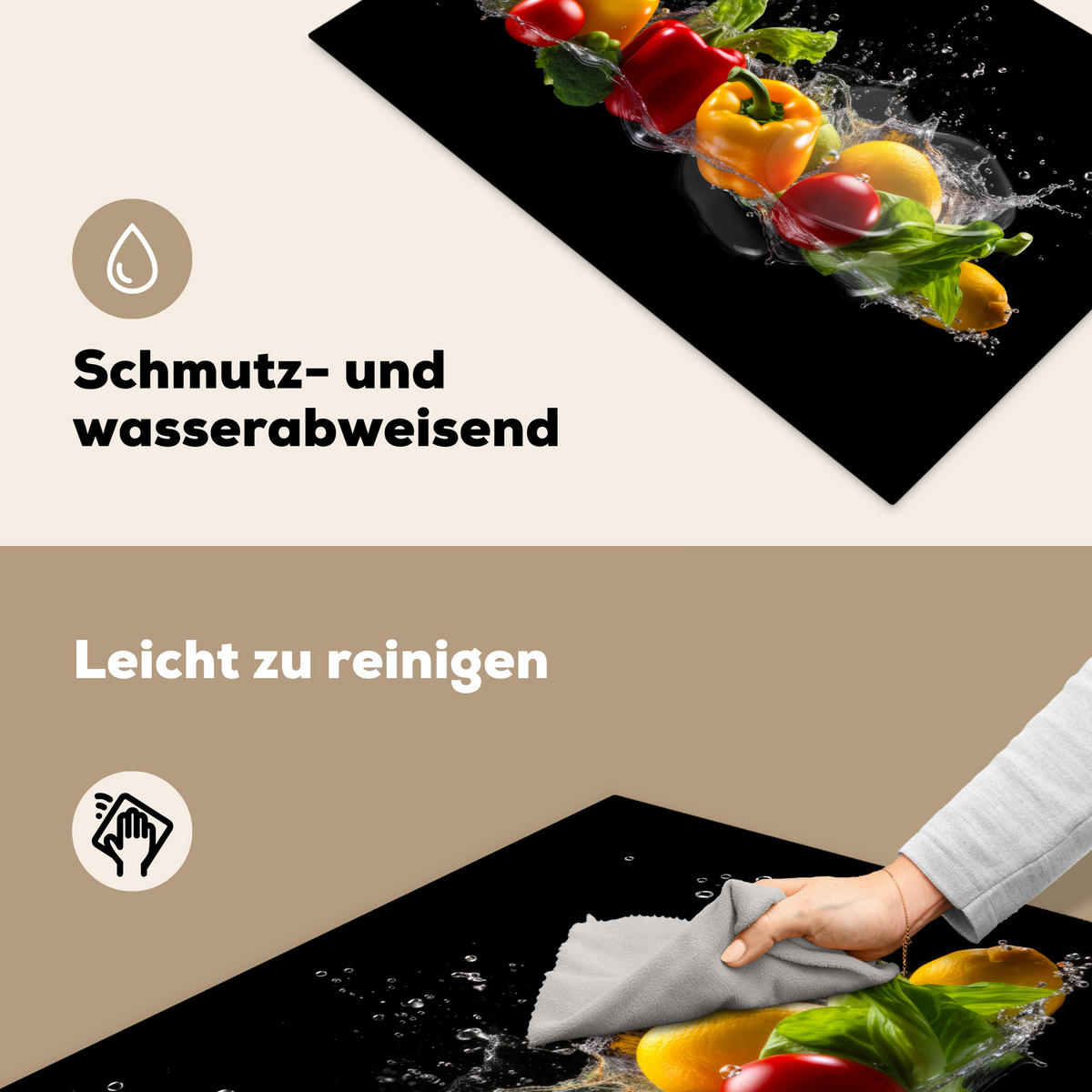 HERDABDECKPLATTE Paprika - Wasser - Gemüse - Schwarz Ceranfeldabdeckung 80x52 cm - Multicolor, Kunststoff (80/52/0.2cm) - MuchoWow