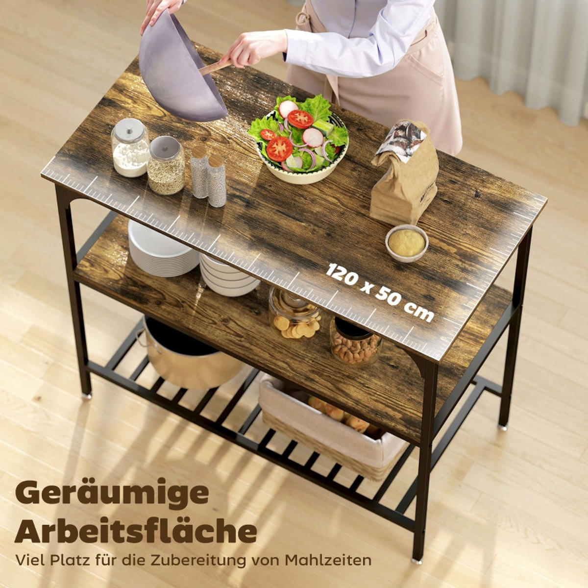 STANDREGAL Küchenregal 100/50/90 cm mit 3 Ebenen in Rustikalbraun und Schwarz - Braun, Holz (100/90/50cm) - BEAOK