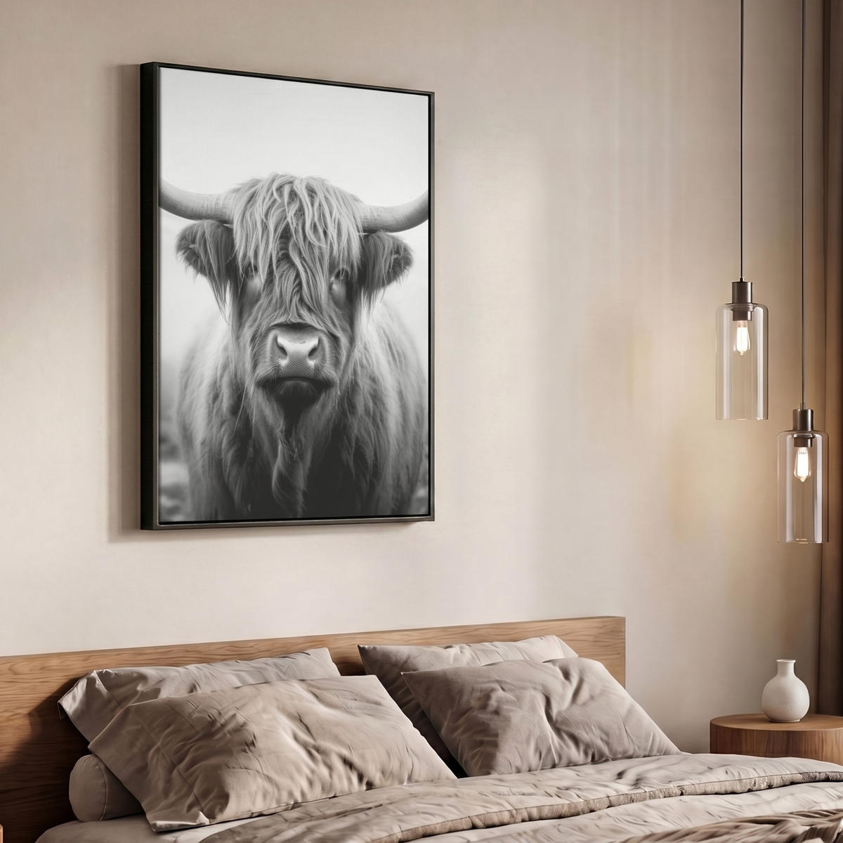 LEINWAND Bilder mit Rahmen - Schottischer Highlander - Nebel - Schwarz - Weiß - 70x100 - Grau, Textil (70/100cm) - MuchoWow