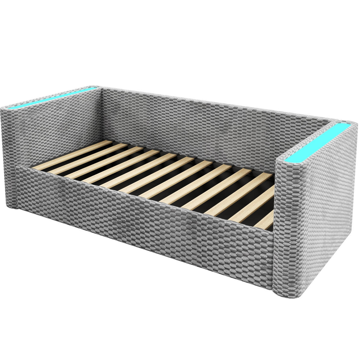 TAGESBETT 90/200 cm Grau aus Samt mit LED-Beleuchtung und hydraulischem Stauraum - Grau, Textil (90/200cm) - OKWISH