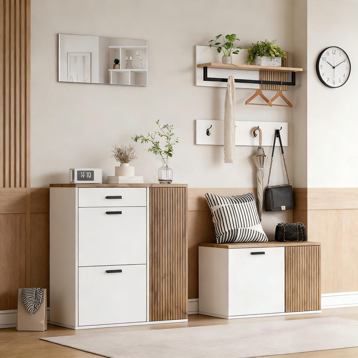SCHUHSCHRANK aus Spanplatte 85x36x85cm in Weiß mit 5-teiligem Flurset - Weiß, Holzwerkstoff (85/85/36cm) - Modfu