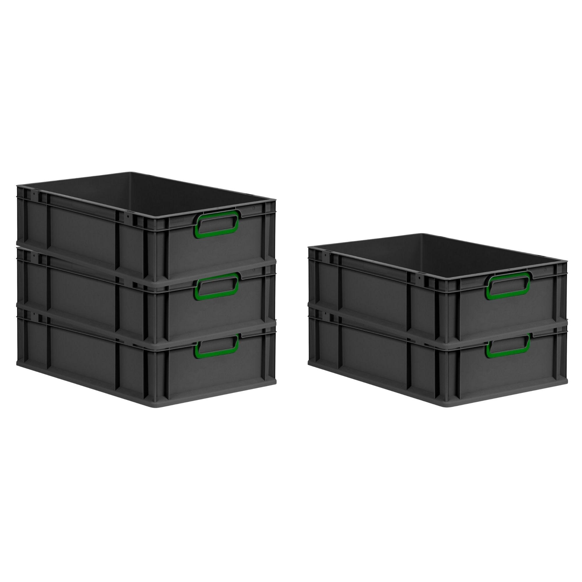 EUROBOX 5x NextGen Color 17x40x60 cm 34 Liter Griffe grün zu, Schwarz - Schwarz/Grün, Kunststoff (40/17/60cm) - PROREGAL