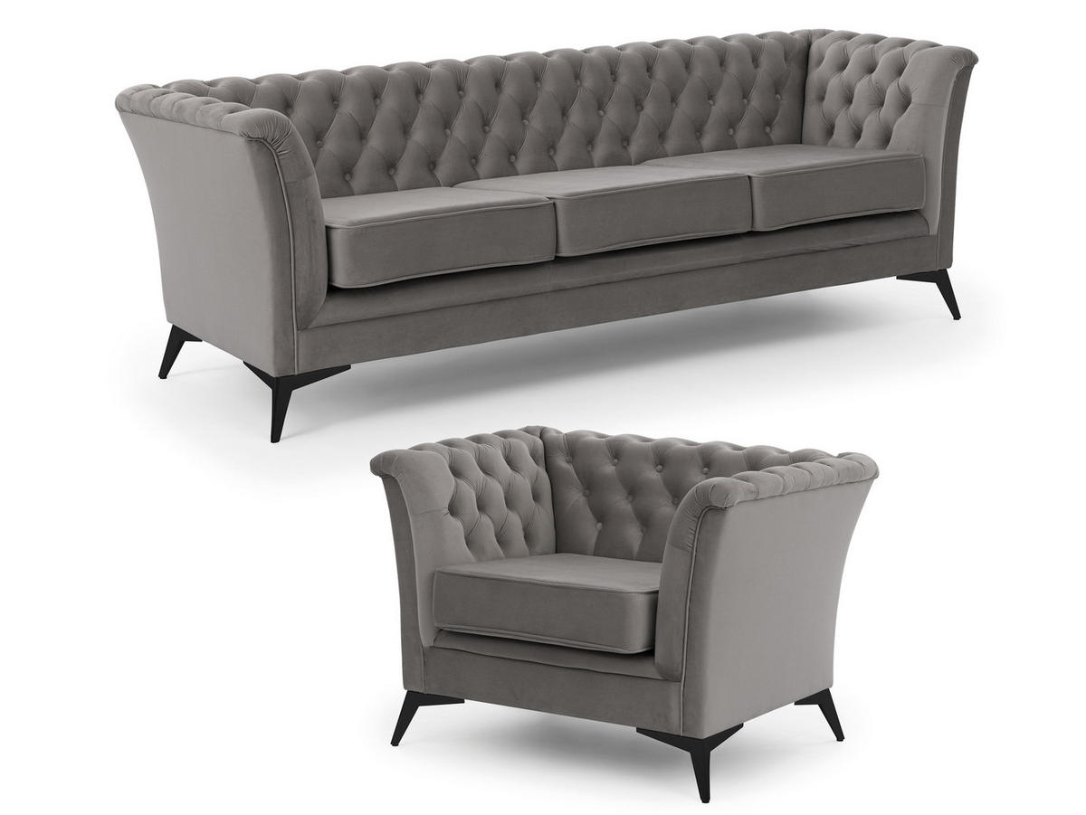 SITZGARNITUR 3+1 Chesterfield Whitby Grau Samt mit schwarzen Füßen - Schwarz/Grau, Holz/Textil (237/78/82cm) - S-Style Möbel