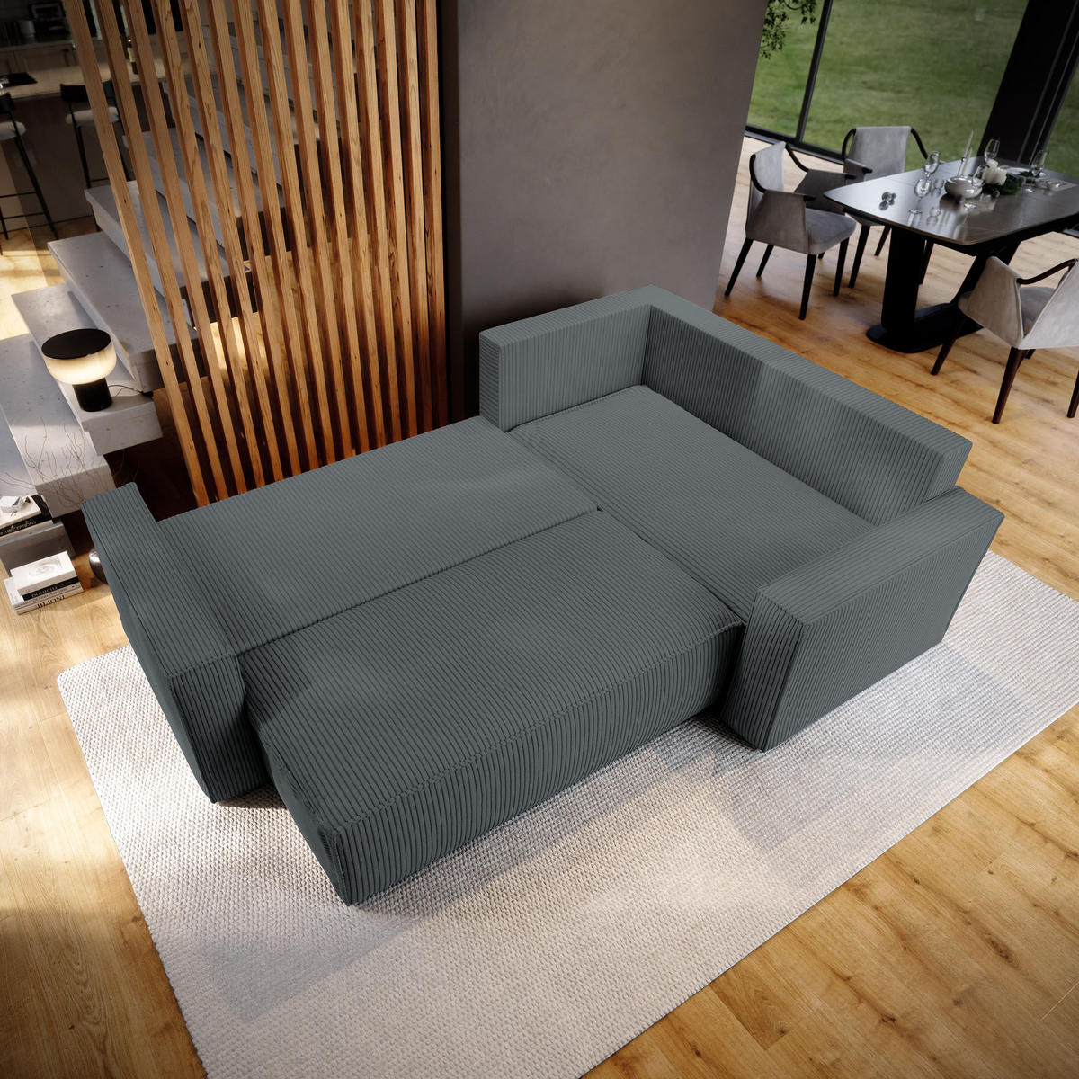 ECKSOFA ESTANO R-S Grau Kordstoff mit Schlaffunktion - Grau, Holz (230/158cm) - MASSENO