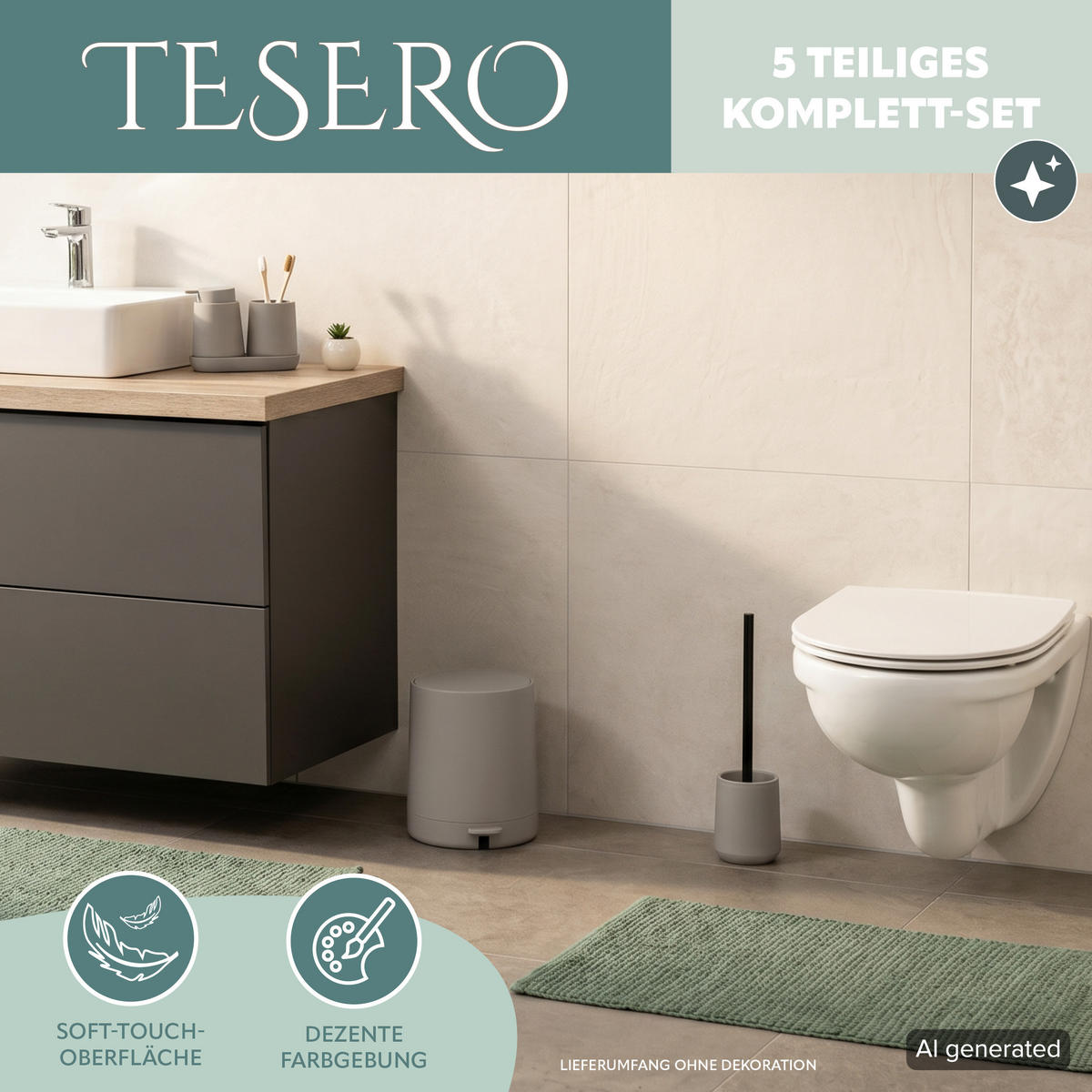 BAD-ACCESSOIRES-SET TESERO, Soft-Touch, braun - Braun, Kunststoff (22.5/25.5/25cm) - eluno