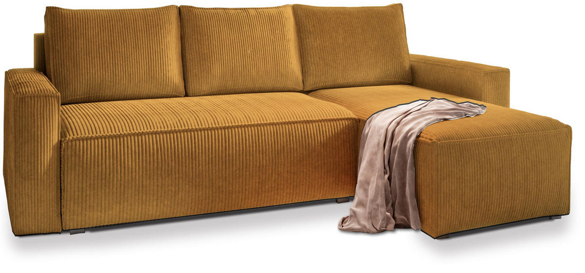 ECKSOFA POTARO Gelb Kordstoff mit Schlaffunktion - Gelb, Holz (232/140cm) - MASSENO
