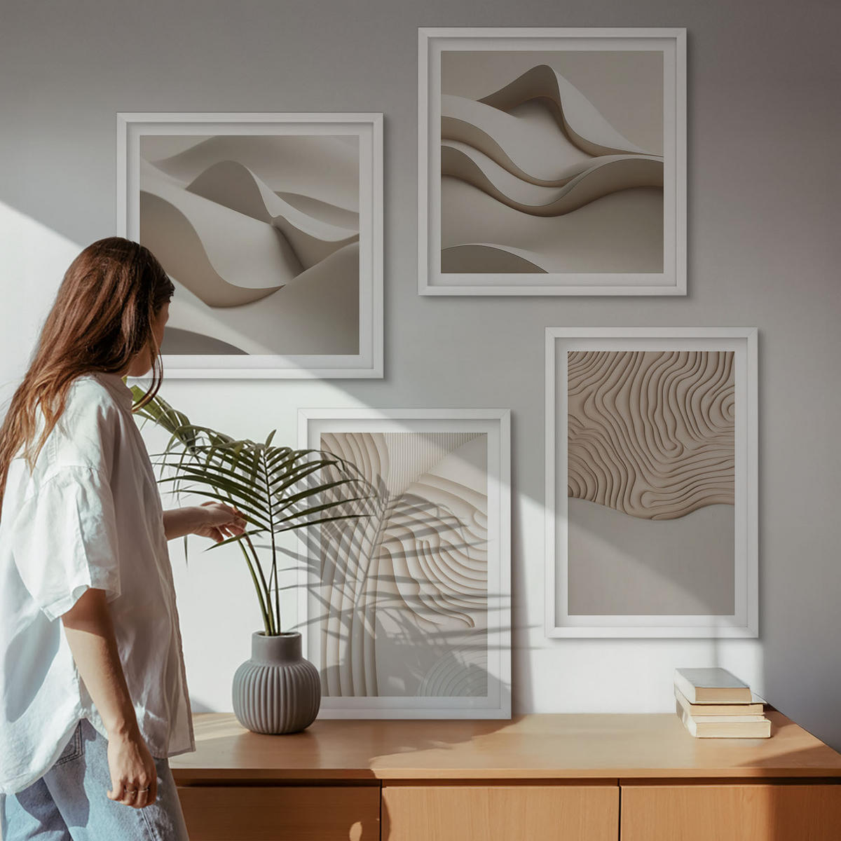 BILDER SET 4er Set - 50x50 cm & 40x60 cm Weißer Rahmen - Abstrakte Wellen auf dem Sand - Weiß, Kunststoff (50/50cm) - TULUP