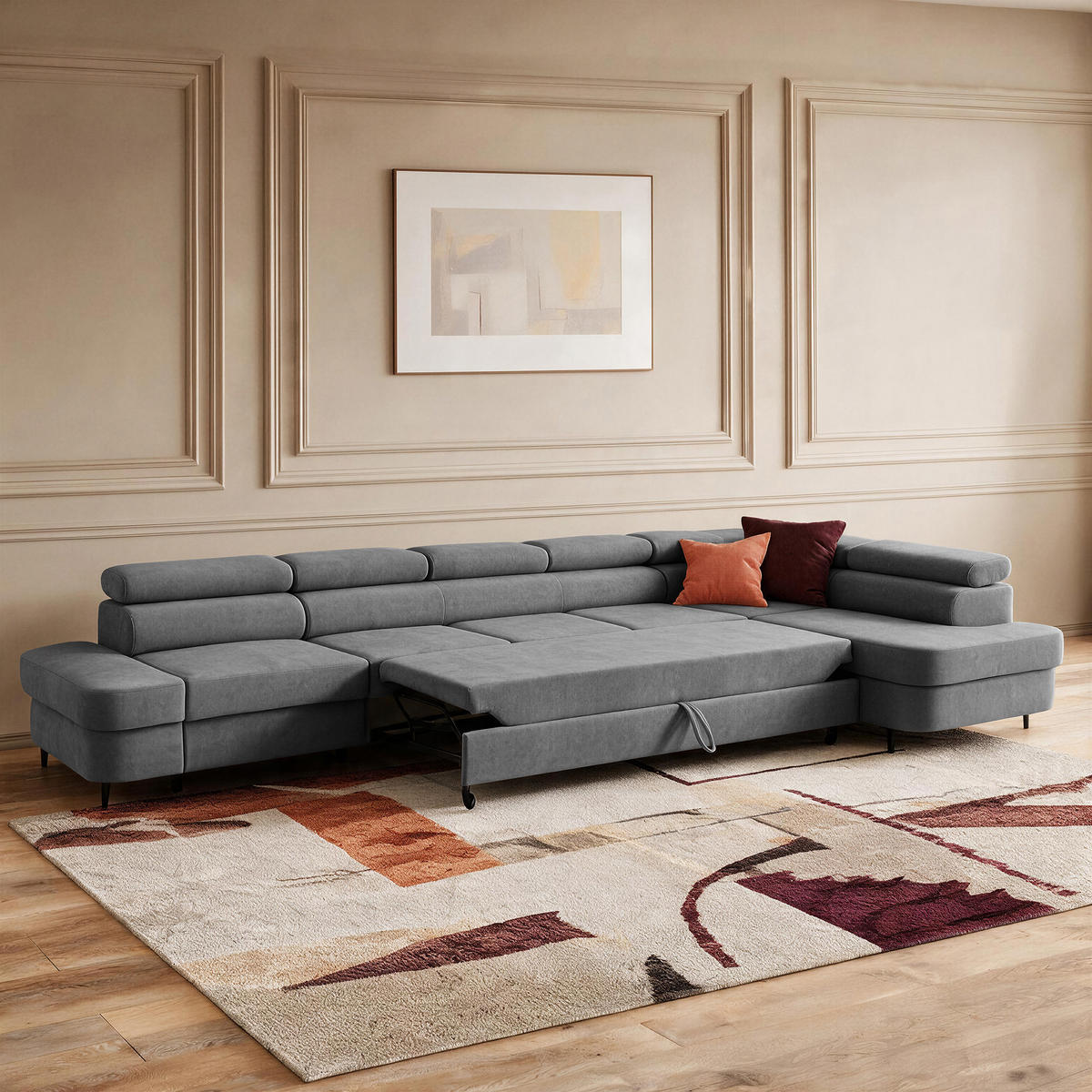 ECKSOFA PRIAM XXL L-Form Rechts mit Schlaffunktion 125x265 Velours Grau - Schwarz/Grau, Holz/Textil (420/203cm) - Muffo